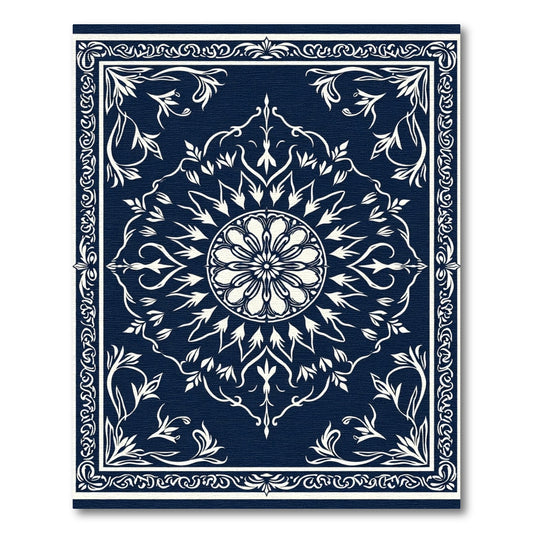 Deep Navy White Floral Medallion Rug