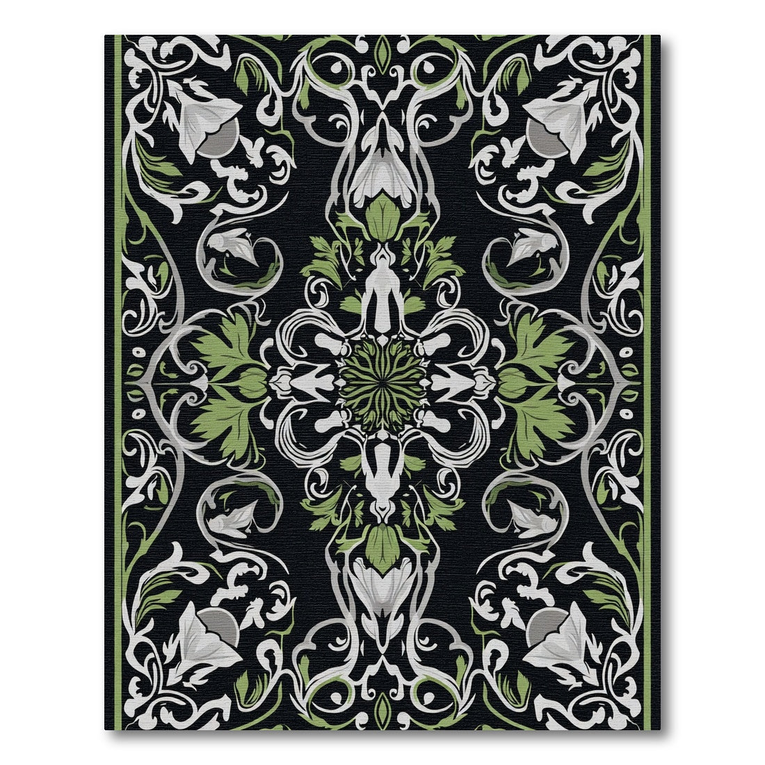 Art Nouveau Black Green Floral Scroll Rug