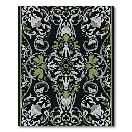 Art Nouveau Black Green Floral Scroll Rug