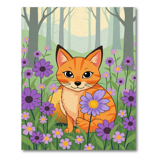 Charming Orange Cat Purple Flower Meadow Rug