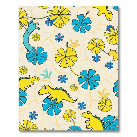 Playful Yellow Dinosaurs Blue Flowers Rug