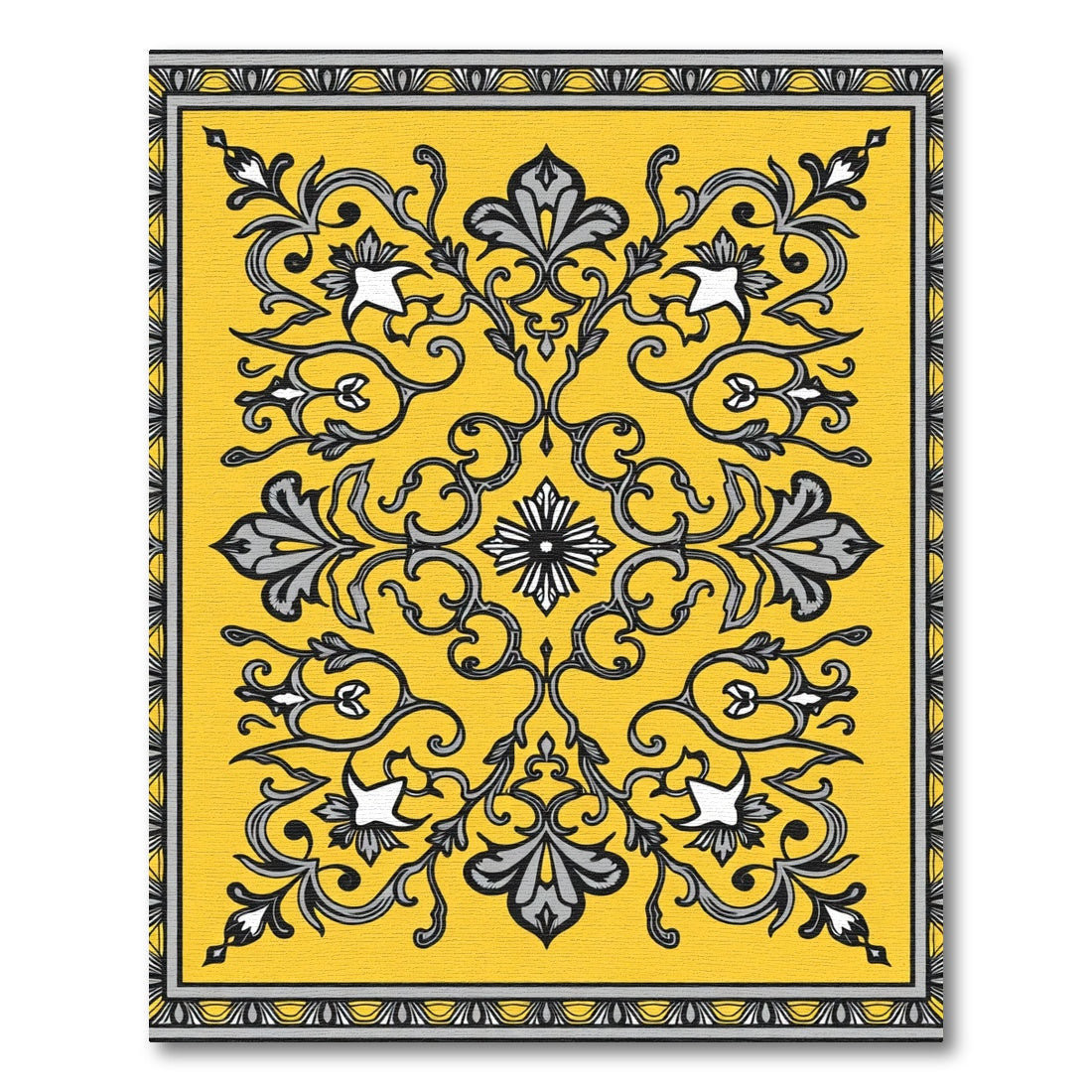 Golden Ochre Damask Scrollwork Ornament Rug