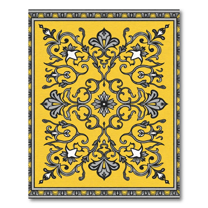 Golden Ochre Damask Scrollwork Ornament Rug