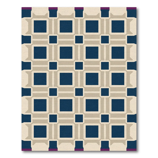 Navy Beige Geometric Interlocking Squares Rug