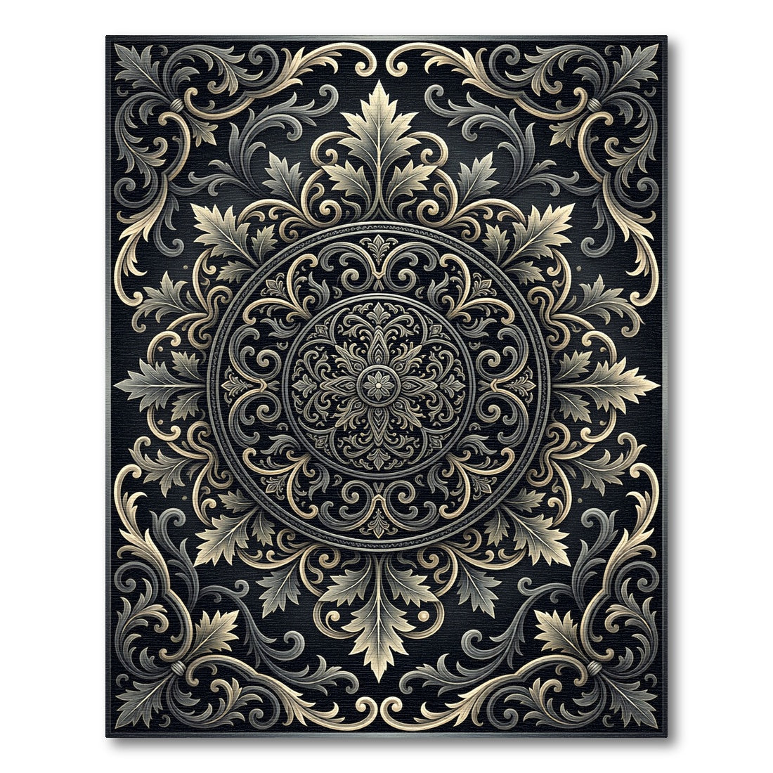Elegant Black Gold Scroll Medallion Rug