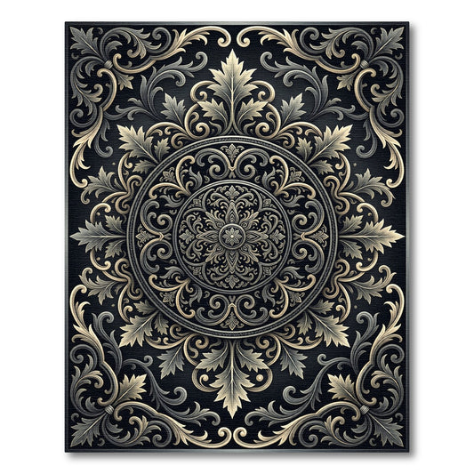 Elegant Black Gold Scroll Medallion Rug