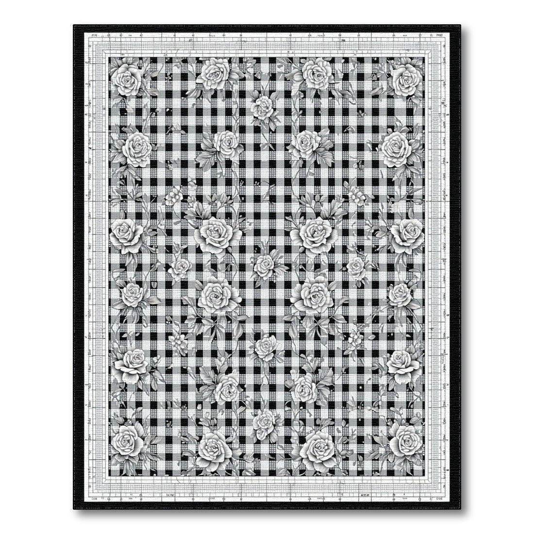 Black White Rose Gingham Area Rug