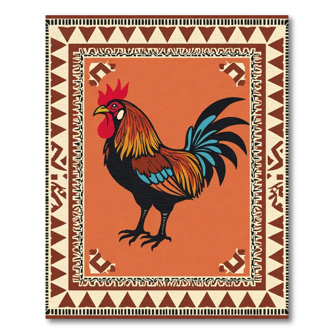 Vibrant Rooster Tribal Border Rug