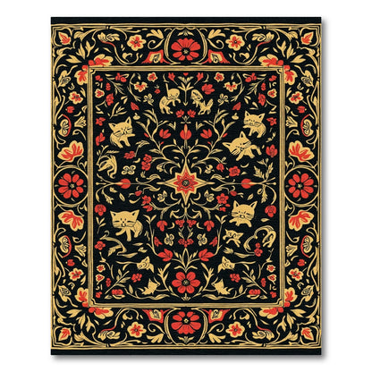 Black Red Yellow Feline Floral Border Rug