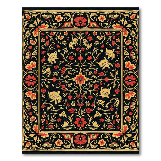 Black Red Yellow Feline Floral Border Rug
