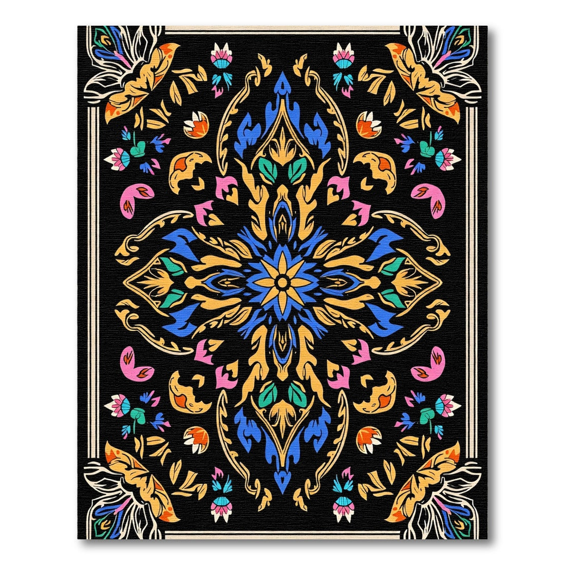 Vibrant Black Floral Medallion Rug