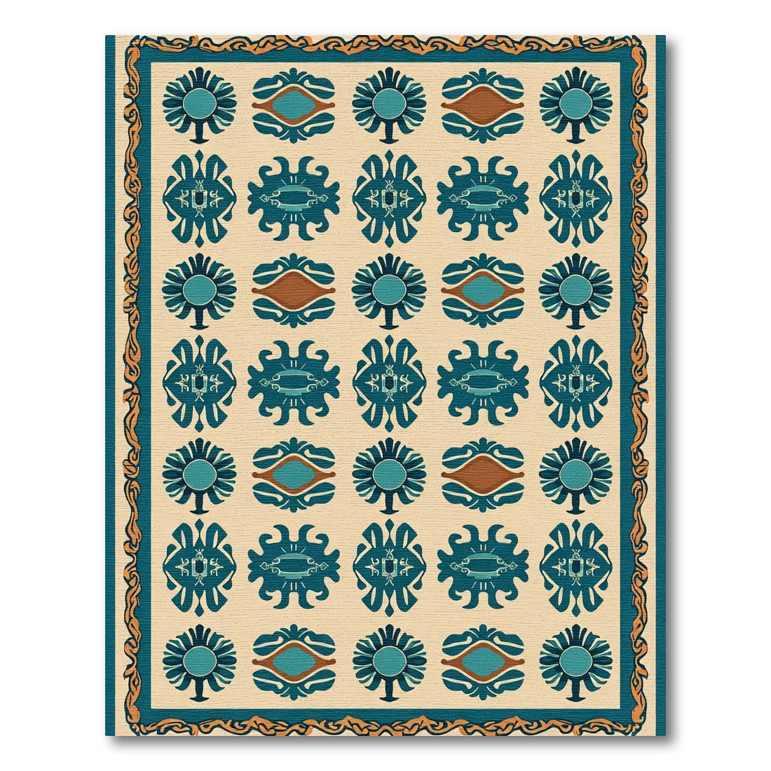 Teal Ceramic Floral Geometric Border Rug