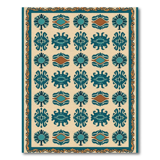 Teal Ceramic Floral Geometric Border Rug