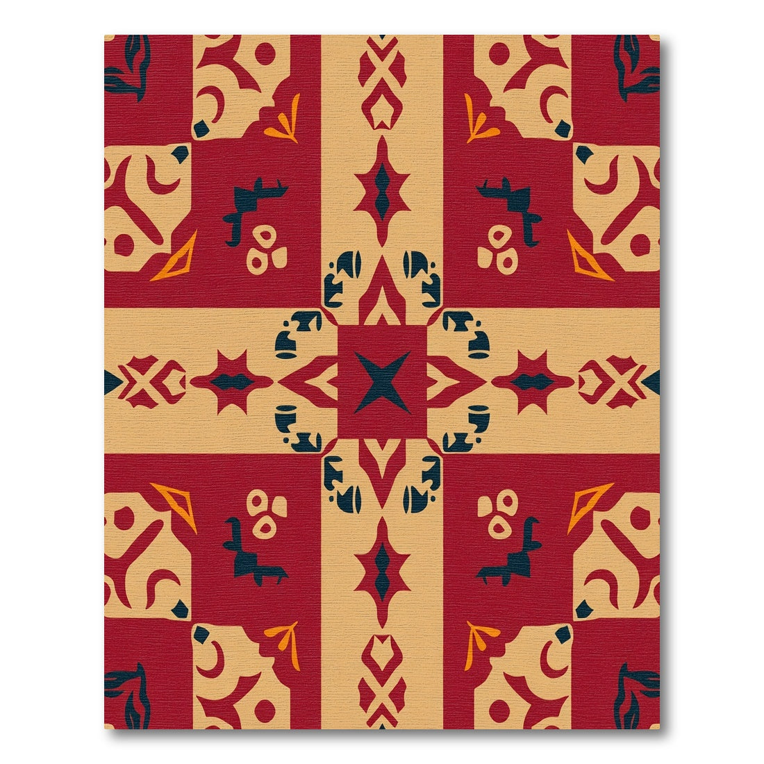 Burgundy Beige Geometric Tile Rug