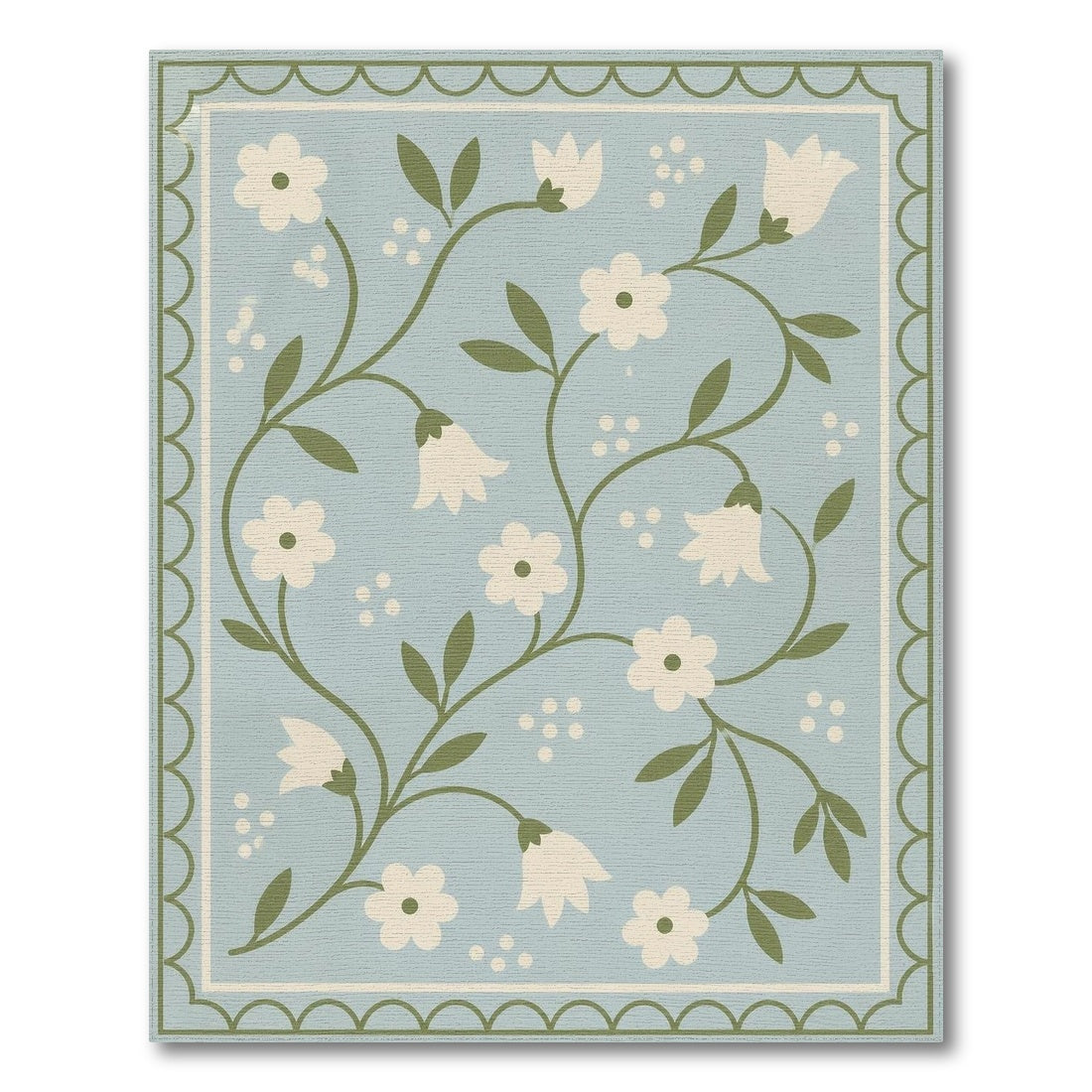 Blue Floral Scalloped Vintage Rug