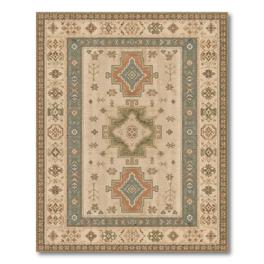 Distressed Vintage Beige Geometric Medallion Area Rug