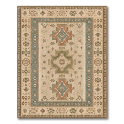 Distressed Vintage Beige Geometric Medallion Area Rug