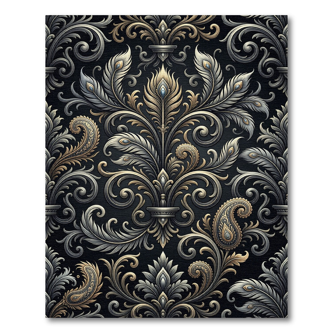 Ornate Golden Paisley Feather Scroll Rug