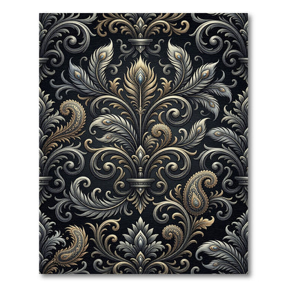 Ornate Golden Paisley Feather Scroll Rug