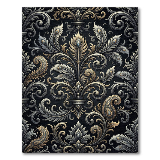 Ornate Golden Paisley Feather Scroll Rug
