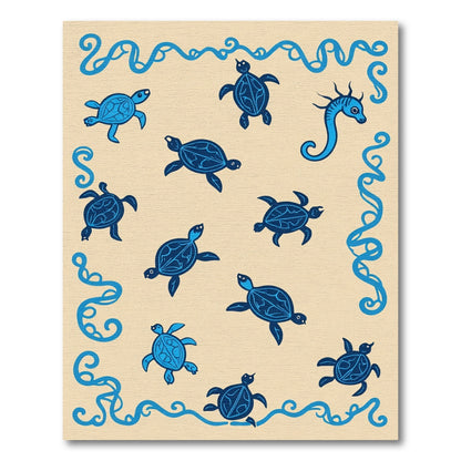 Blue Ocean Turtle Wave Border Rug
