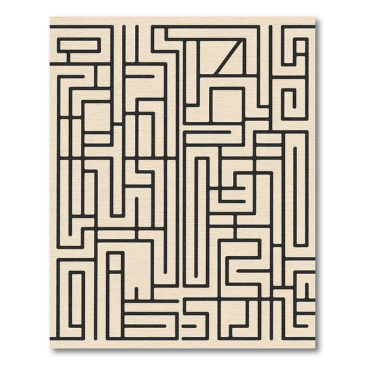 Beige Black Abstract Geometric Maze Rug