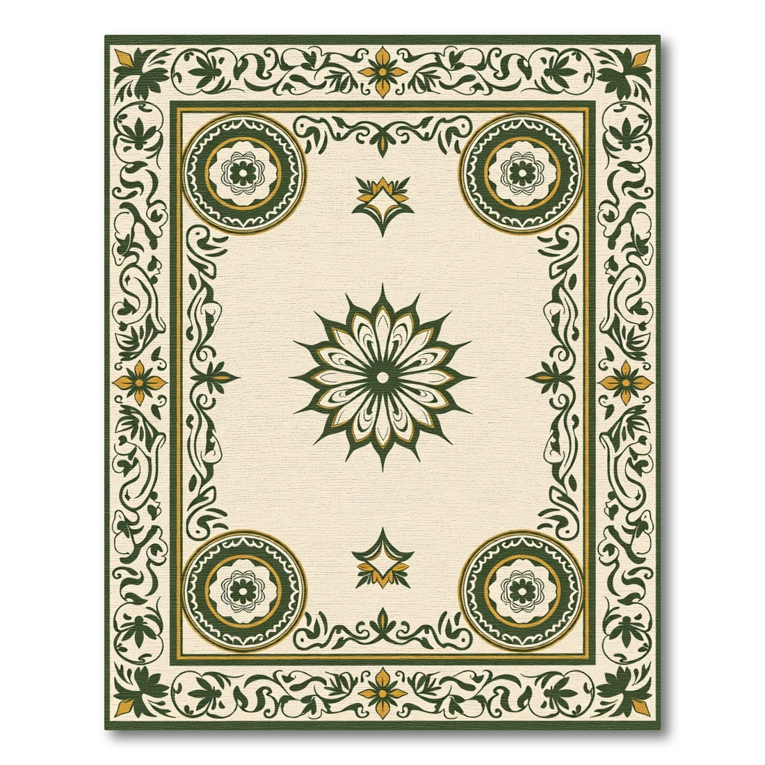 Green Ivory Floral Medallion Border Rug