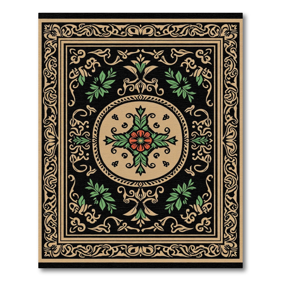 Black Floral Red Medallion Tan Border Rug