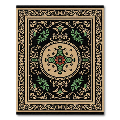 Black Floral Red Medallion Tan Border Rug