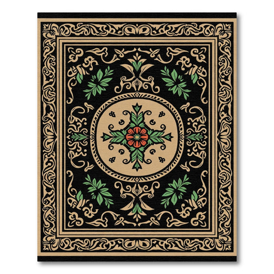 Black Floral Red Medallion Tan Border Rug
