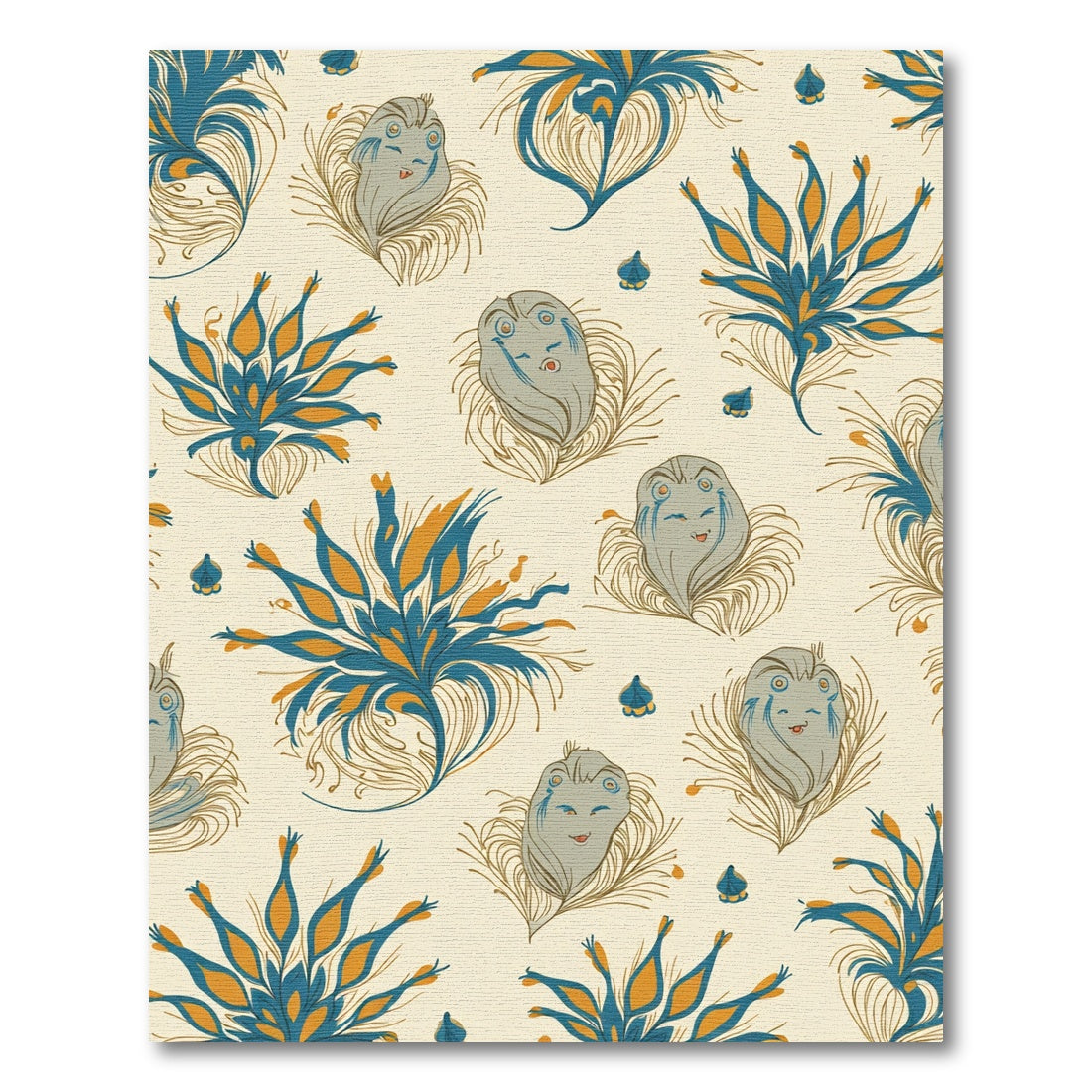 Whimsical Blue Orange Feathered Faces Rug