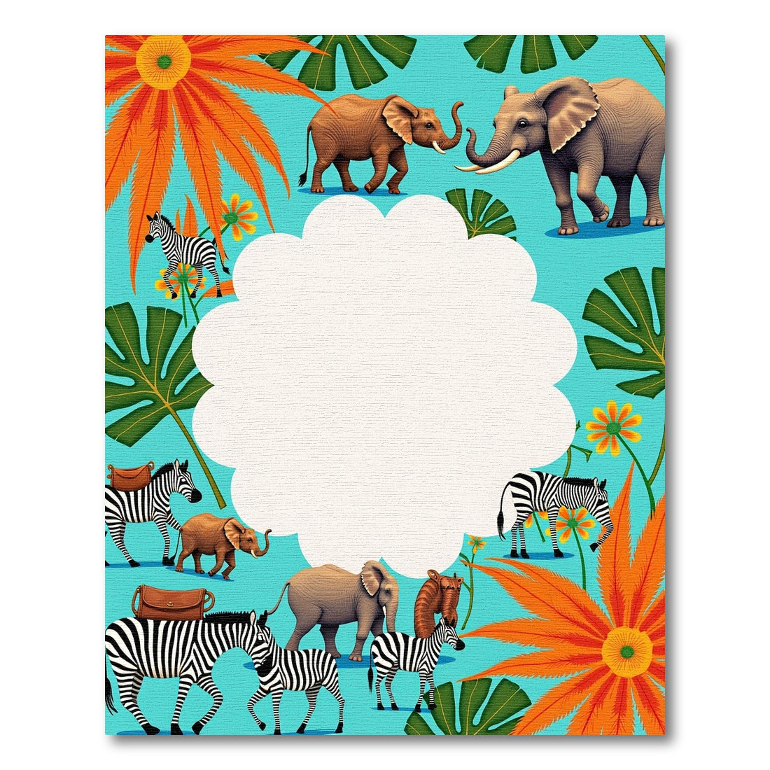 Safari Elephants Zebras Orange Flowers Aquamarine Rug