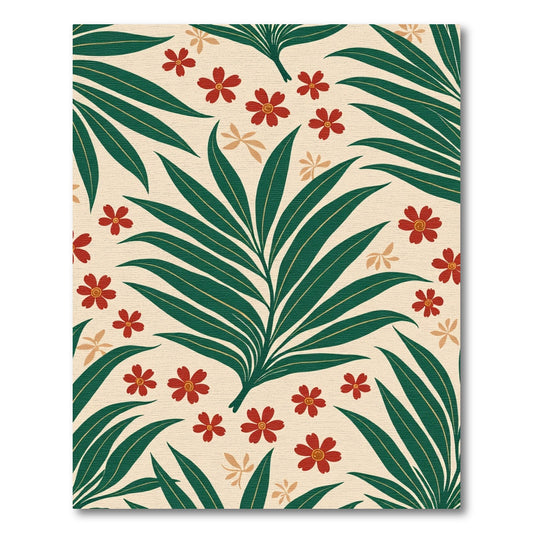 Crimson Floral Palm Leaf Pattern Rug