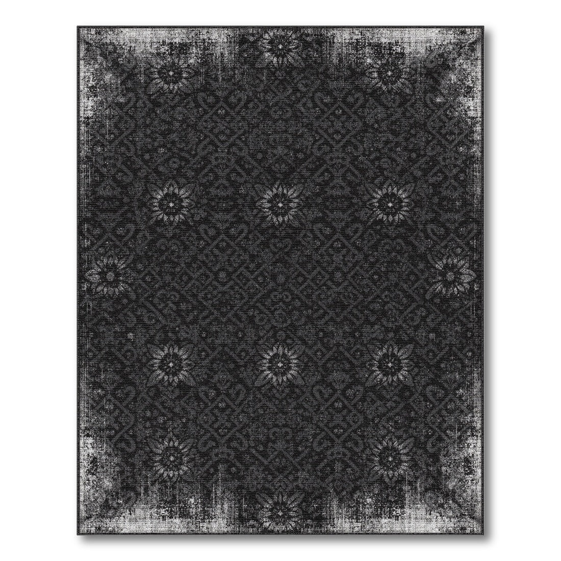 Black White Distressed Vintage Floral Area Rug