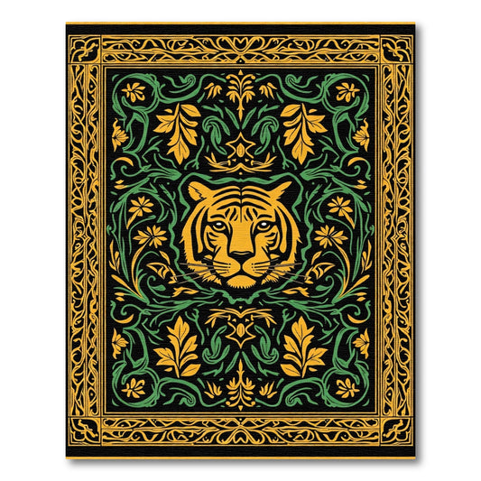 Bold Tiger Head Floral Border Rug