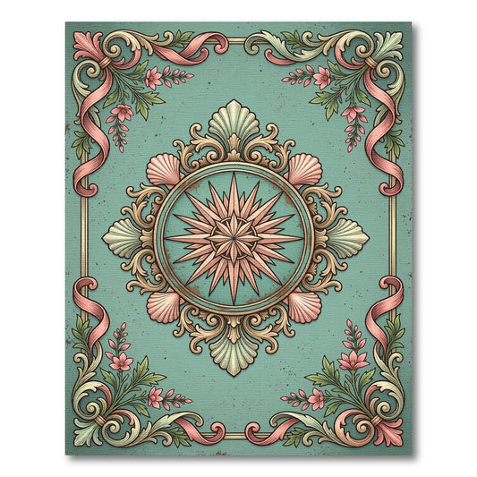Vintage Coral Flower Scrollwork Medallion Rug