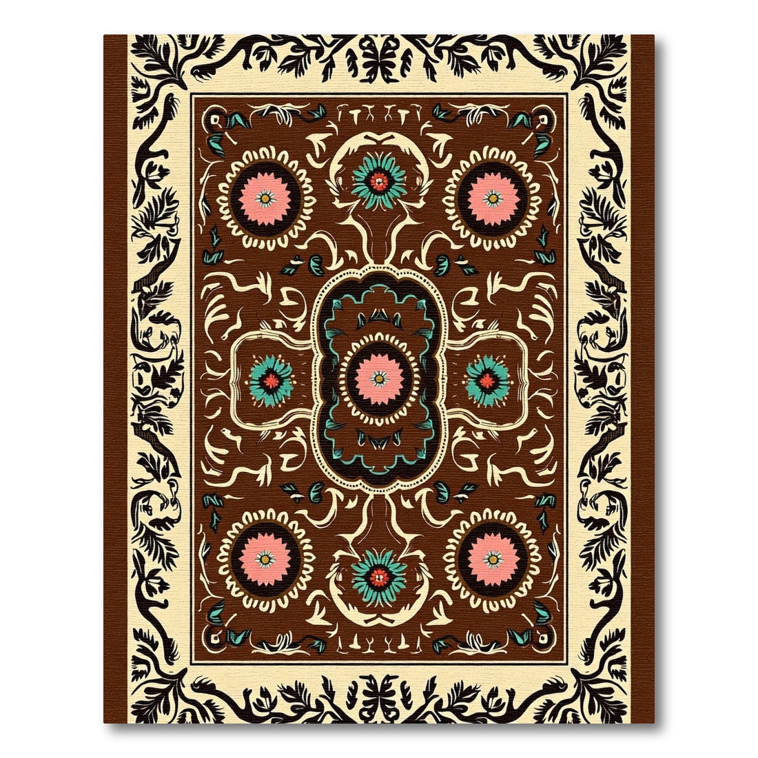 Brown Floral Medallion Cream Border Rug