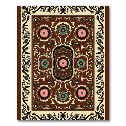 Brown Floral Medallion Cream Border Rug
