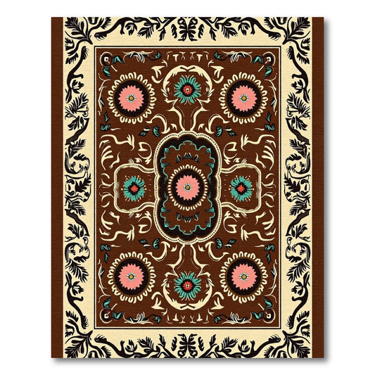 Brown Floral Medallion Cream Border Rug