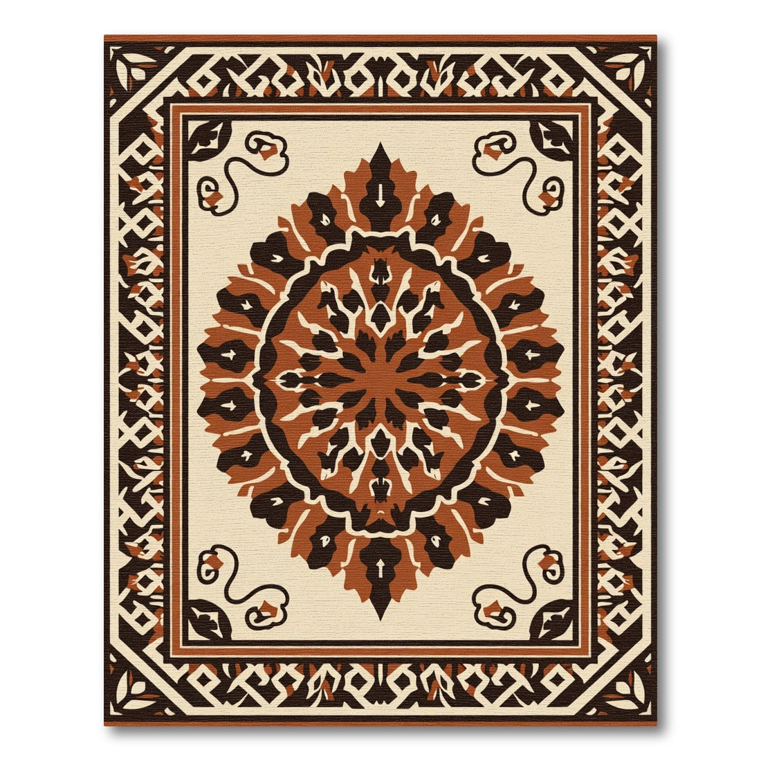 Brown Ochre Medallion Geometric Border Rug