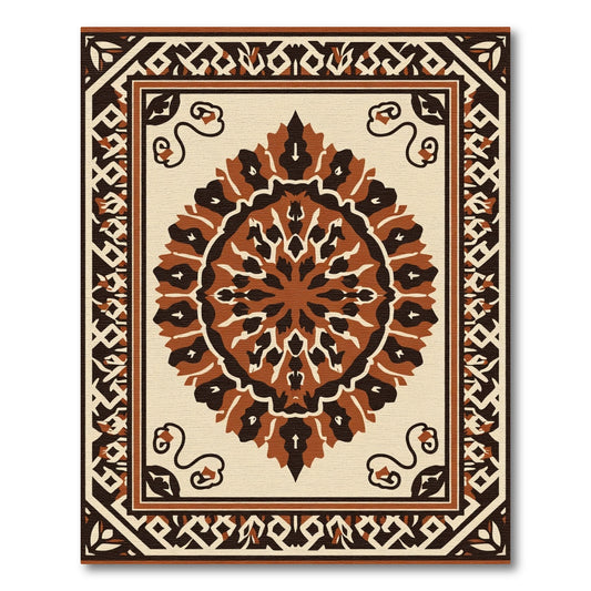 Brown Ochre Medallion Geometric Border Rug