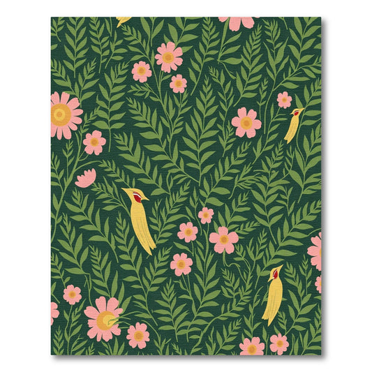 Yellow Birds Pink Flowers Dark Green Foliage Rug