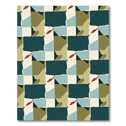 Abstract Teal Olive Crimson Checkerboard Rug