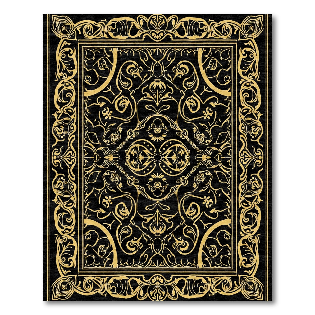 Ornate gold black floral medallion Rug