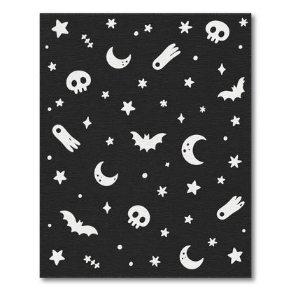 Black White Halloween Bats Skulls Area Rug