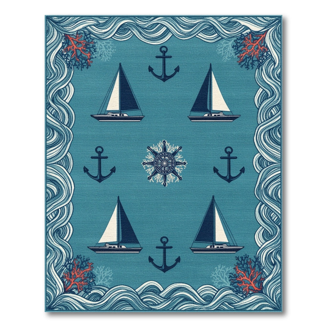 Coastal Blue Sailboat and Anchor Area Rug