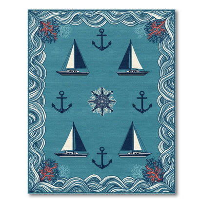 Coastal Blue Sailboat and Anchor Area Rug