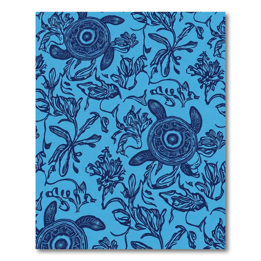 Ocean Blue Turtle Floral Illustration Rug