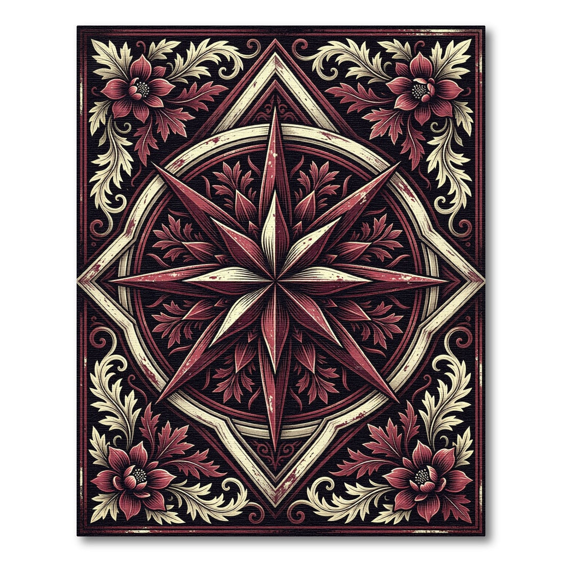 Crimson Star Floral Emblem Rug