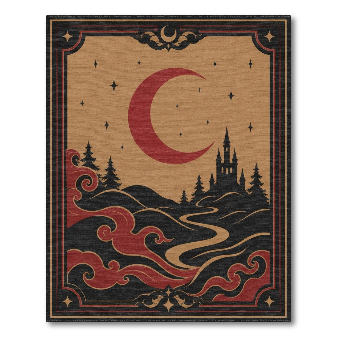 Red Crescent Moon Castle Area Rug